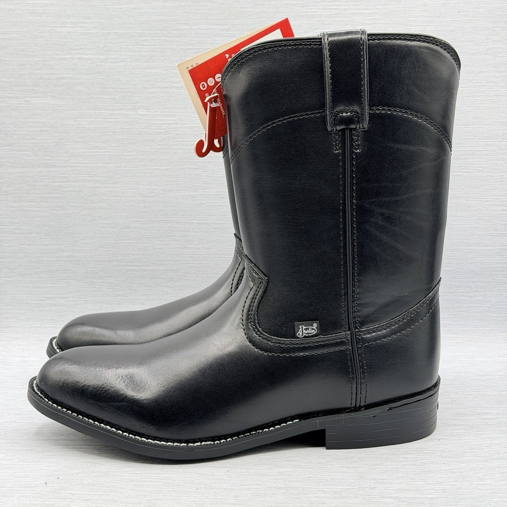 Justin Men's 11.5 D Black Leather Roper Western Boots Round Toe JB3000 NIB